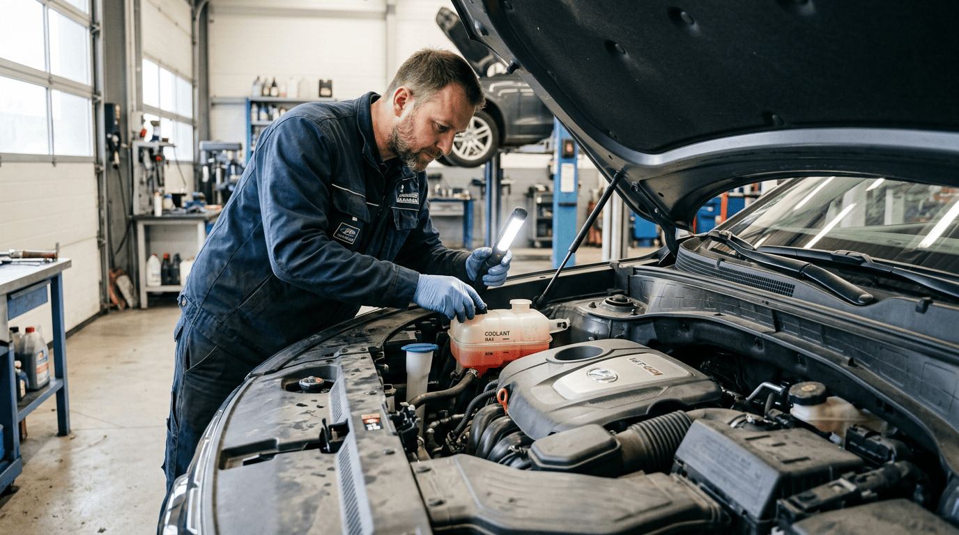 alt - فحص مستوى سائل التبريد في محرك السيارة قبل القيادة في حرارة دبي