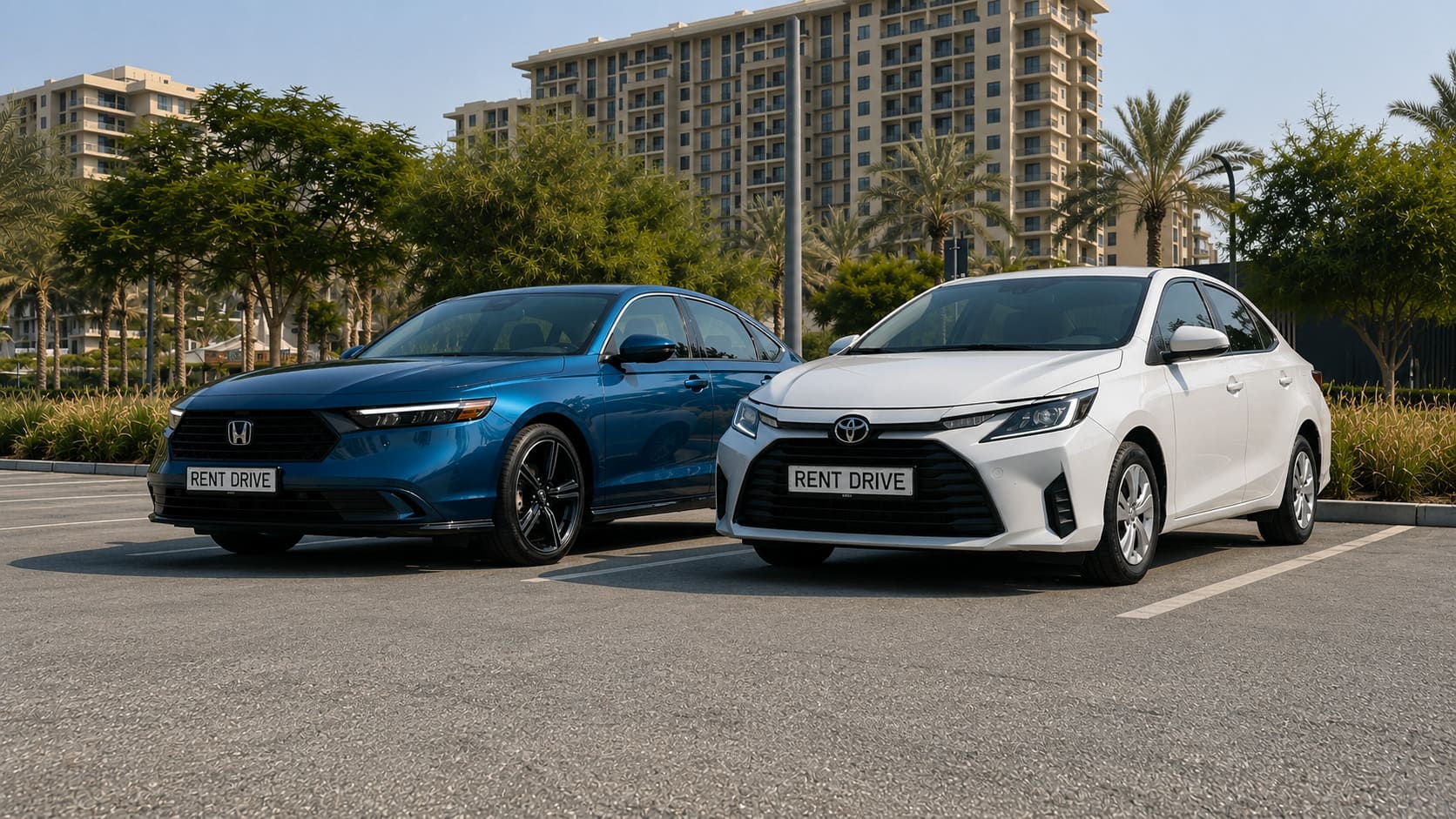 Car rental Dubai no deposit — Honda and Toyota with RentDrive plates in parking lot