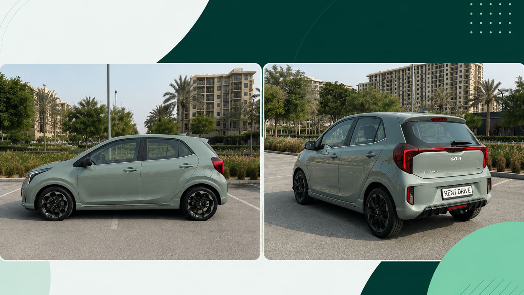 Car hire Dubai — Kia Picanto 2025 grey, side and rear view, RentDrive